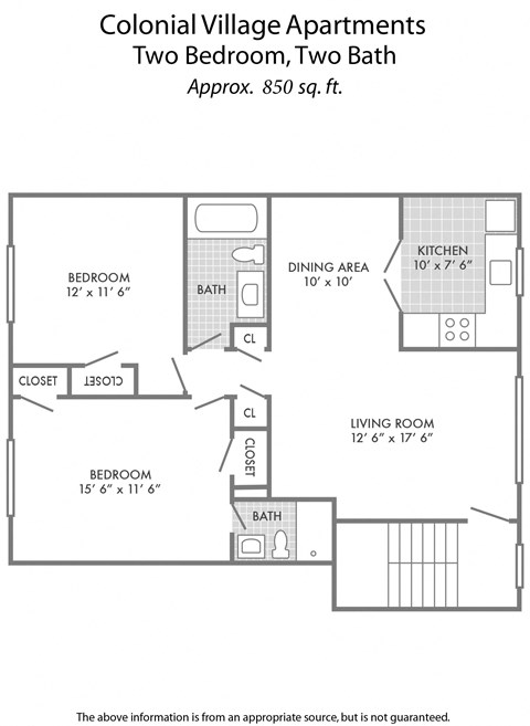 Floor plan for 2 beds, 2 baths, 850 sqft